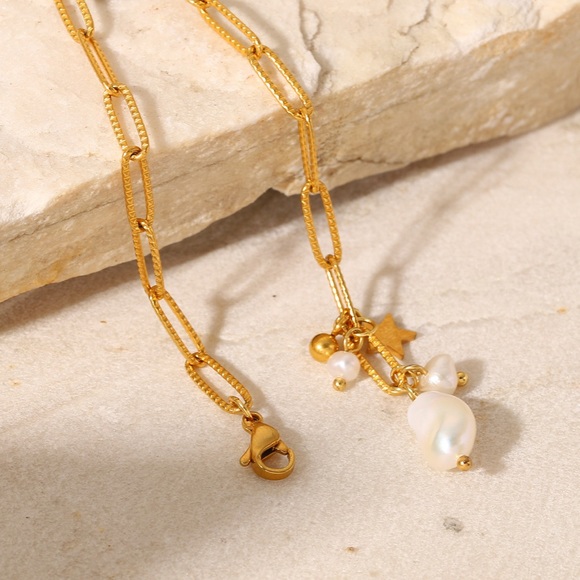 18K Gold Plated Star Pearl Tassel Pendant Cross Chain Bracelet, Charm Bracelet - Picture 4 of 6